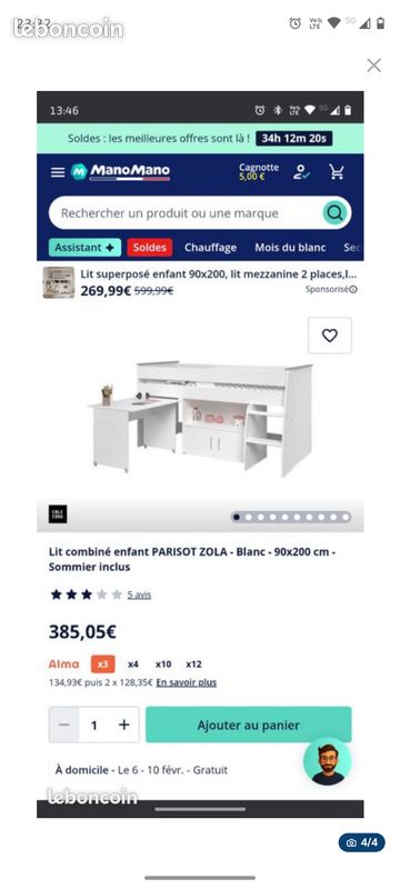 Lit combiné enfant 90x200 blanc / Matelas Offert (image 4)