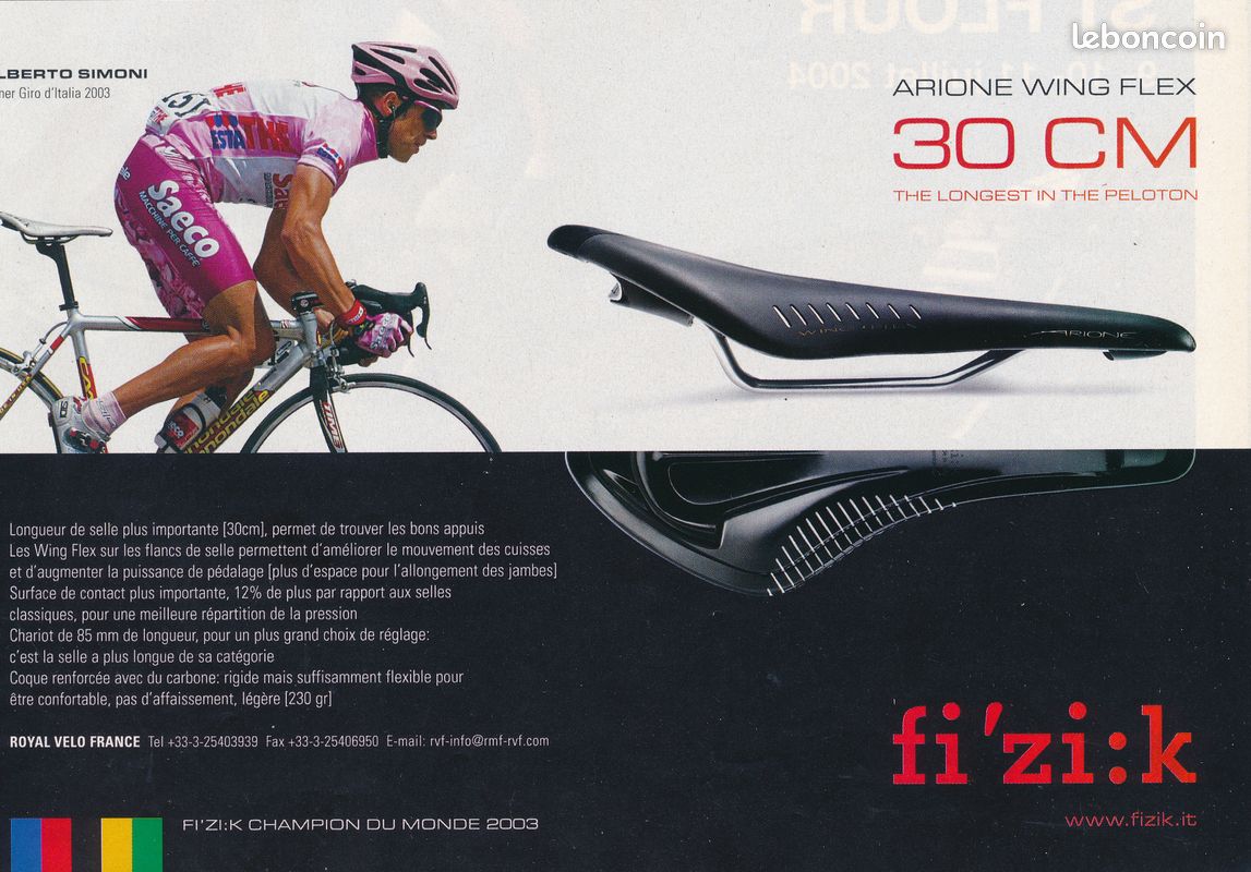 Ancienne Publicité (2004) : Cyclisme, Selle FI' ZI : K, Arione Wing Flex, Gilberto Simoni, Vainqueur du Giro 2003 (image 1)