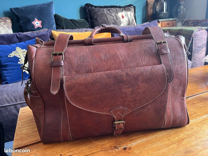 Sac De Voyage Vintage En Cuir Marron - Grand Modèle Années 1900 - Ancien Et Authentique