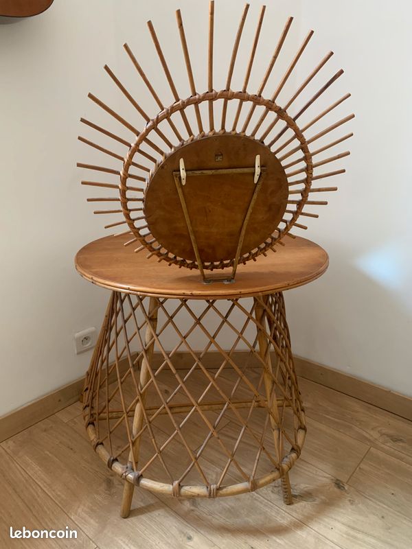 Coiffeuse antiquaire forme soleil très jolie bois/osier assorti d'un tabouret en osier (image 2)