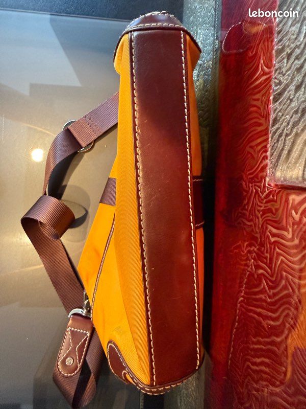 Sac bandoulière LANCEL Paris jaune safran & cuir marron – multipoches (image 3)