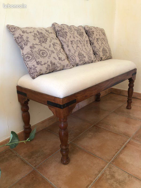 Banc en bois avec assise en tissu écru (image 1)