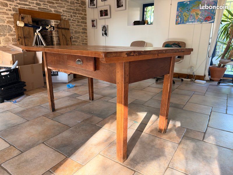 Table de ferme ancienne en bois massif - 130 × 98 cm - 2 tiroirs (image 4)