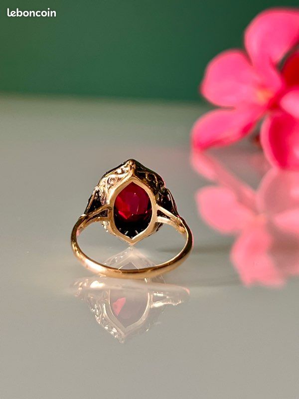 Bague Ancienne Art Déco En Or 18k Et Platine Avec Rubis Synthétique - Taille 53