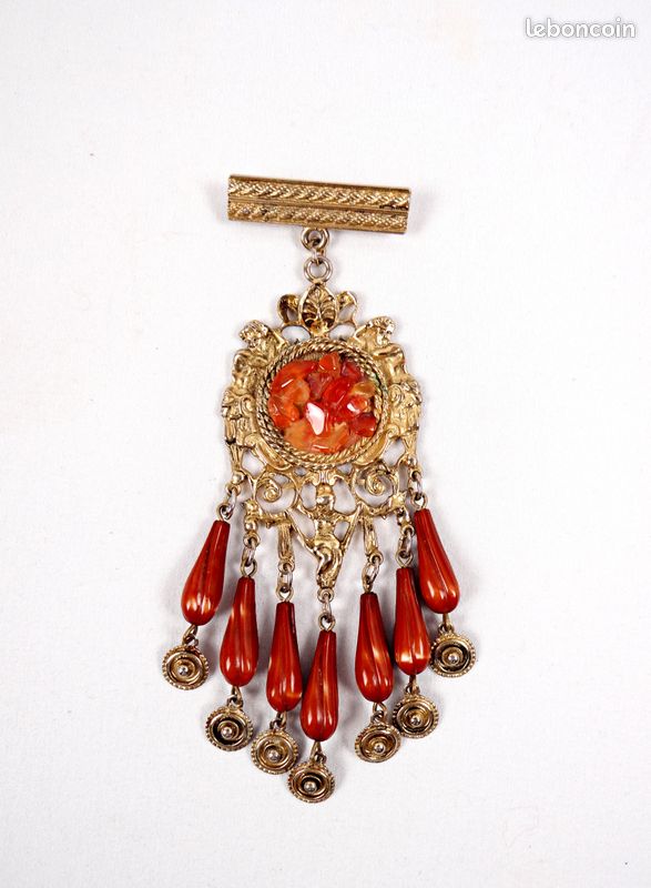 Broche Vintage Plaquée Or 12k - Pierre Rouge Rubis Et Perle - Occasion