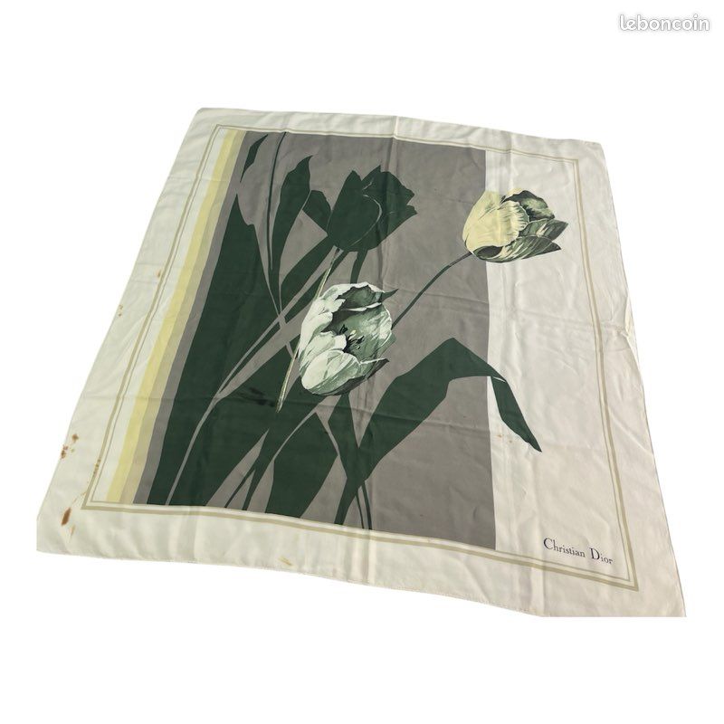Carré Christian Dior vintage motif fleuri soie vert blanc (image 1)