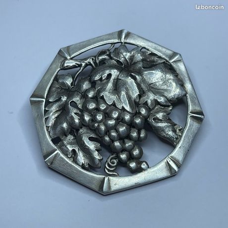 Broche Ancienne Vintage En Argent Massif - Motif Raisin/vigne, Signée Flam, Poinçon Art Nouveau