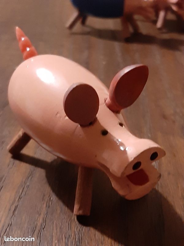 Jouet à Balancier Allemagne 1930, Cochon Et Porcelet En Bois Peint, Abreuvoir