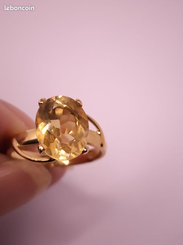 Bague En Or Jaune 14K Avec Citrine Jaune - Taille 60 - Sertie D'Éclats De Zircon - Style Cocktail - État 'très Bon' (occasion)