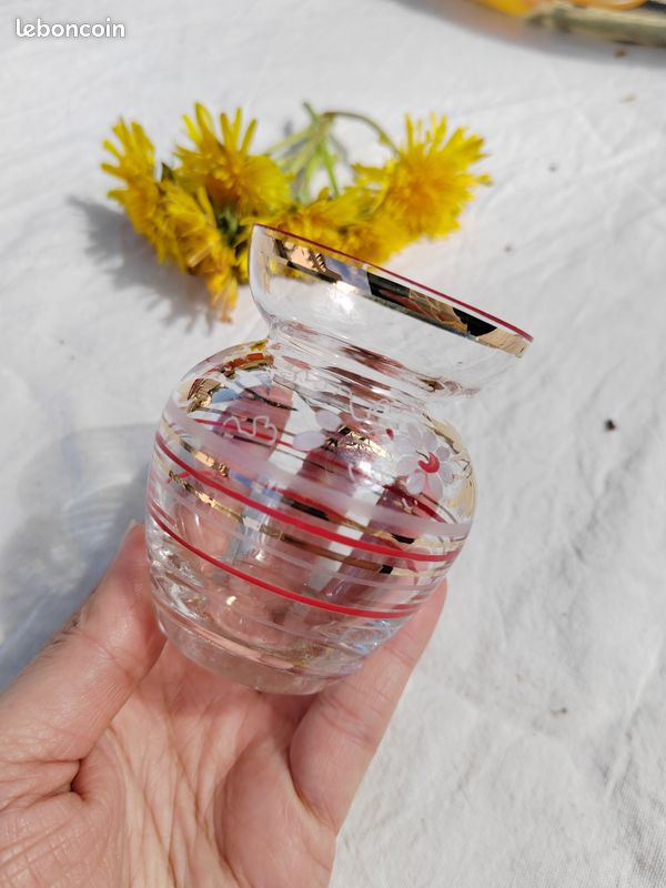 Mini vase en verre décor floral peint à la main - Années 50/60 - Vintage authentique (image 4)