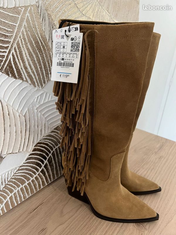 Bottes Franges En Daim Beige Zara - Taille 36 - Style Boho Chic - Occasion