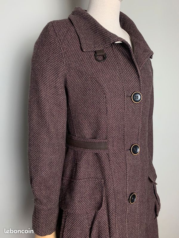 Manteau mi long en majorité laine chiné marron et violine Chattawak #chattawak (image 4)