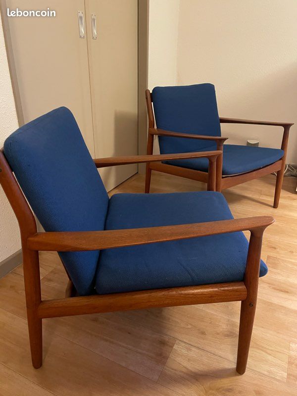 Paire fauteuil vintage assise bleue (image 1)