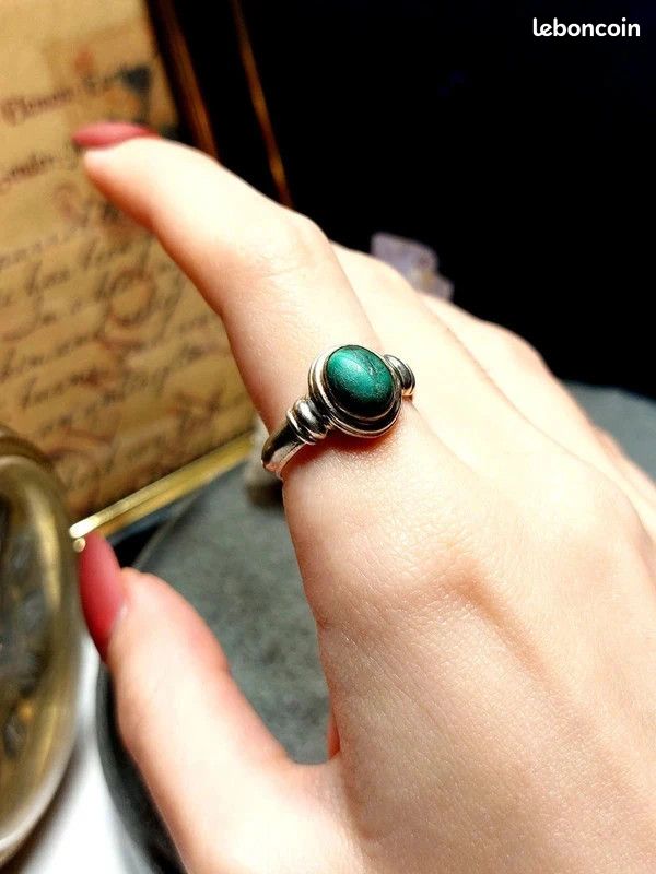 Bague Vintage En Argent 925 Avec Malachite - Taille 50, Pierre Verte Argentée