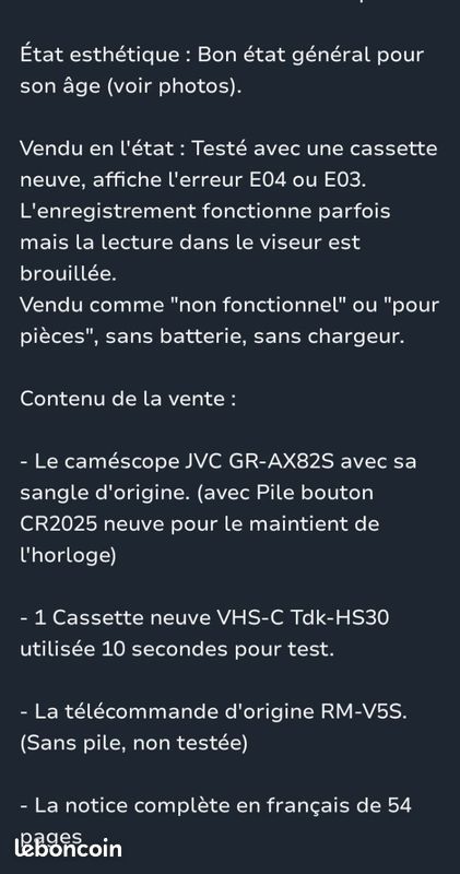 JVC GR-AX82S Caméscope Vidéo VHS-C (Réf#K-791) - FR