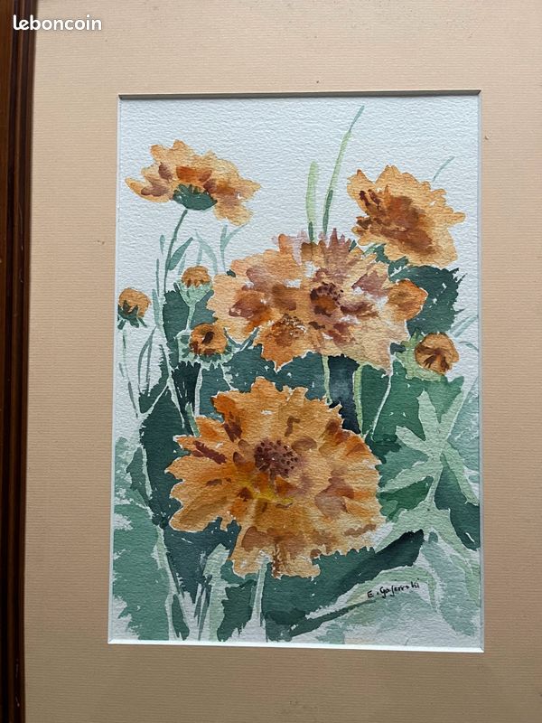 Tableau« Ho Les Jolies Fleurs « Aquarelle signé (image 3)