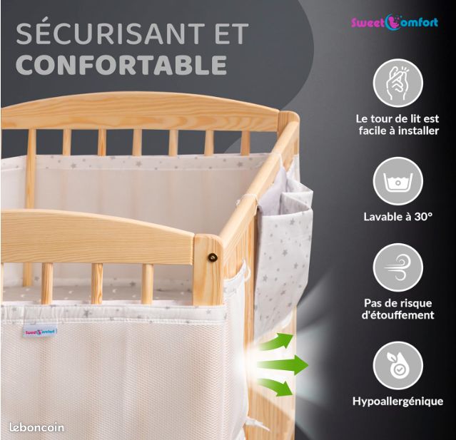 Tour De Lit Bébé Respirant Avec Pochette - Adaptable 60x120 & 70x140 Cm - Blanc Et Beige