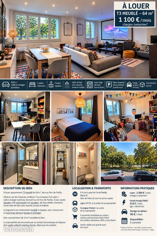 Appartement 3 pièces 64 m² · à Vénissieux · 64 m² · 1 100 €/mois
