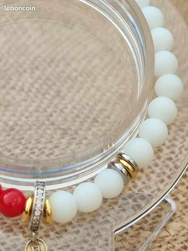 Bracelet JADE ROUGE/AGATE BLANCHE MATE - Carpe Koï - Pierres Naturelles et Breloque S925 (image 5)