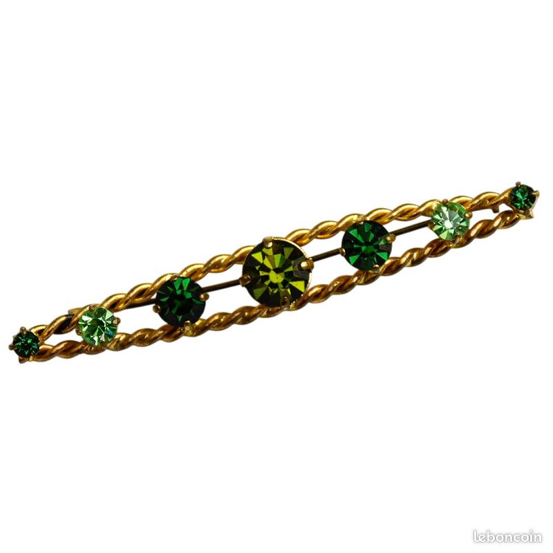 Broche Vintage Cristal Vert Irisé - Métal Doré - Bijou Rétro
