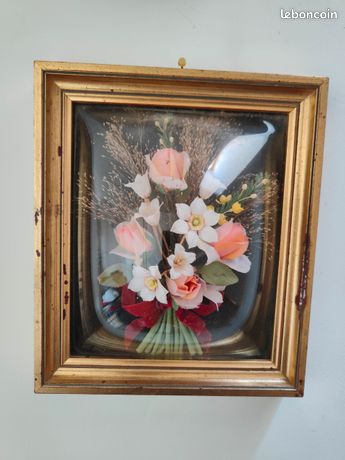 Cadre Miniature Sous Verre Avec Fleurs Séchées - Cadre Plastique Doré - Occasion Bon état