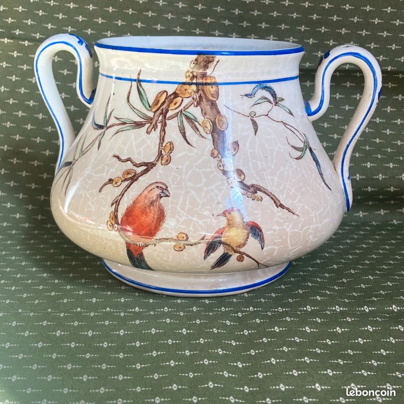 Ancien sucrier Service Nella Vieillard oiseau polychrome fleurs, pot ravissant (image 4)
