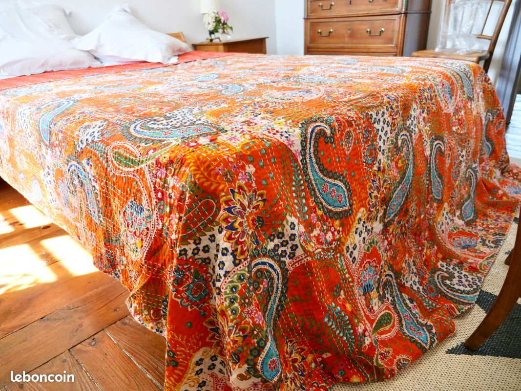 Couvre-lit Indien Kantha En Coton - Motif Fruits Vintage - Taille Queen 228x274 Cm - Fait Main à Jaipur