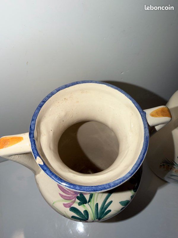 Paire De Vases Vintage En Faïence De St Clément - Rayures Jaune Et Vert