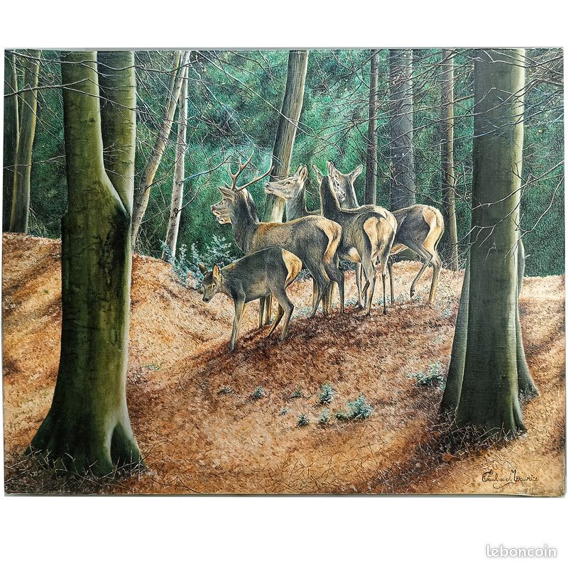 Tableau d'art animalier Huile sur toile sujet : Cerf Harde - Vente d'atelier (image 1)
