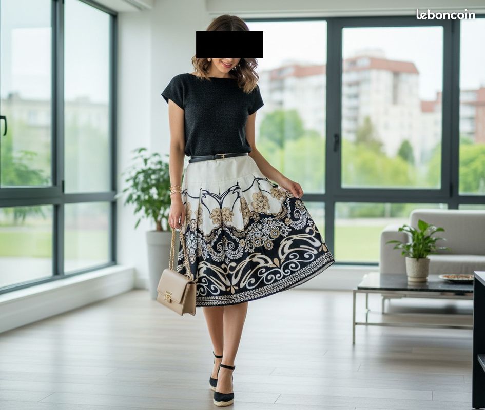 Jupe Vintage Yes Zée - Taille M (38), Blanc Bleu Marine à Motif Fleur En Relief - Doublée