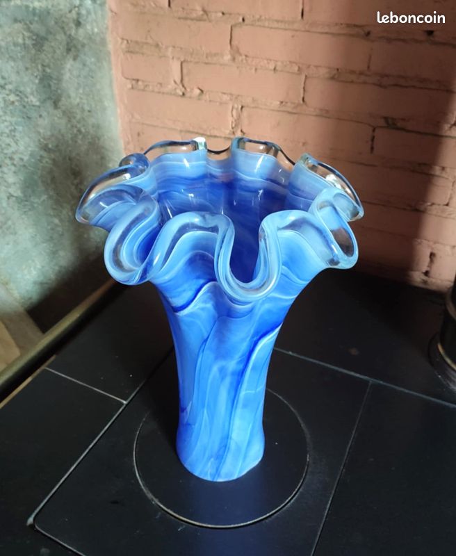 ANCIEN GRAND VASE artisanal en verre soufflé style clichy ou murano EUR
