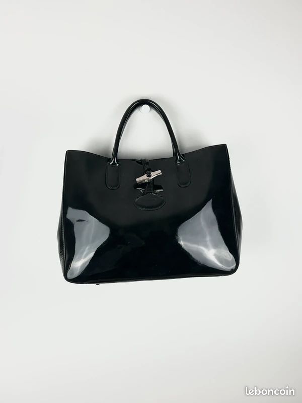 Longchamp Roseau 808 - Sac à main cabas porté épaule ou bandoulière en cuir vernis noir (image 1)