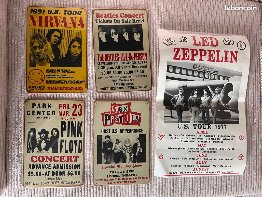 Lot de plaques en acier + une affiche de grands groupes de rock (Nirvana,  Led Zeppelin, Beatles, Pink Floyd, Sex Pistols) - Collection