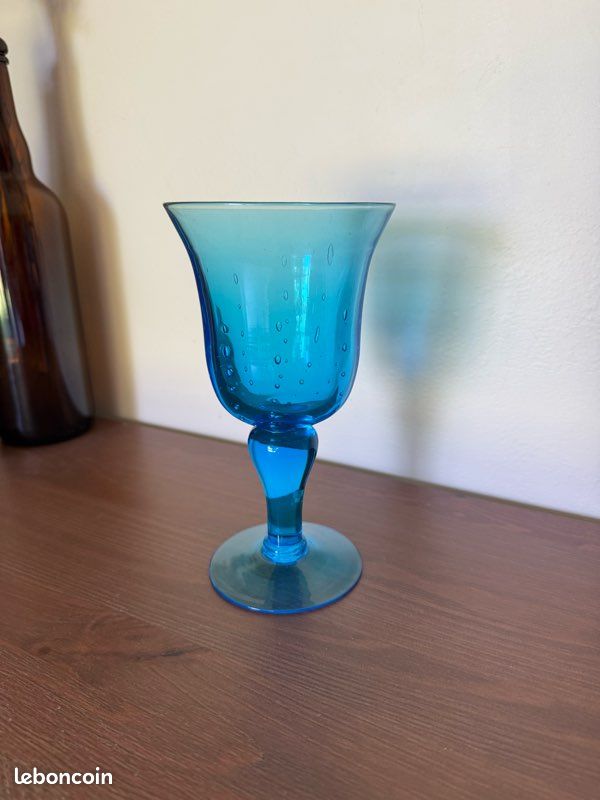 Verre à Pied Biot Soufflé Bullé Transparent Signé - Hauteur 22 Cm - 210 Ml