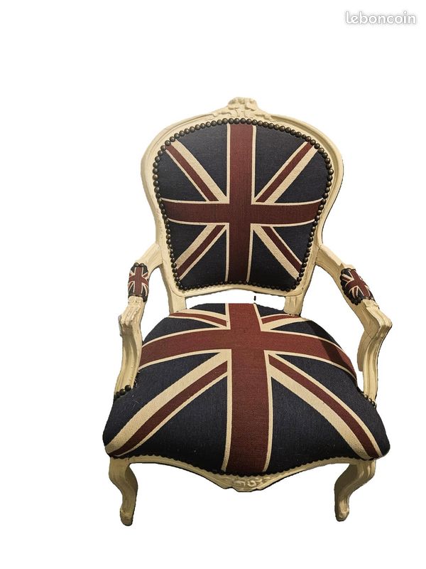 Fauteuil Chaise en Bois Lacquée Dossier Ovale Drapeau Anglais Baroque (image 1)