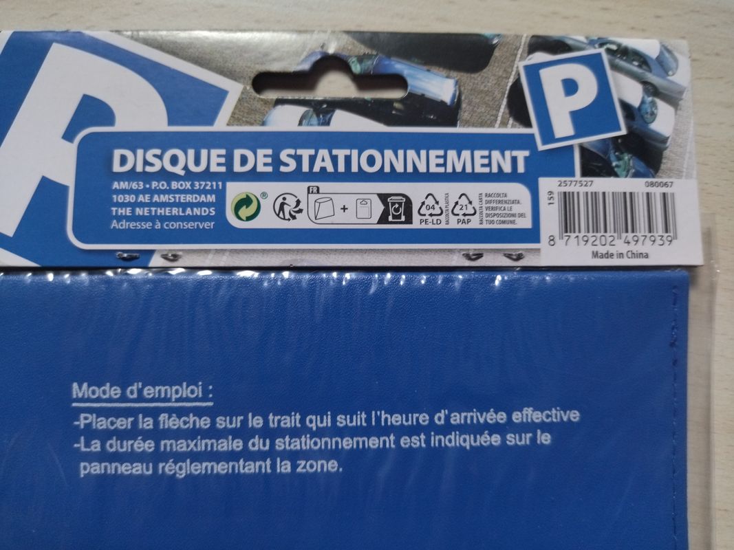 Disque de Stationnement Zone Bleue en Plastique - Équipement auto