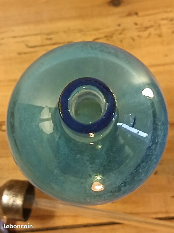 Siphon eau de seltz ancien en verre bleu turquoise – début XXe siècle – vintage déco (image 10)
