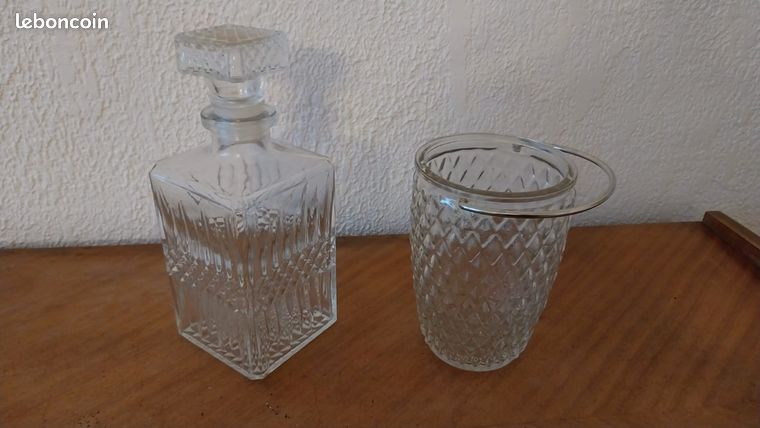 SERVICE à whisky verre transparent vintage, SEAU à glace et 6 VERRES liserés noirs et or - France