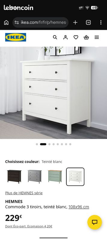 Commode Hemnes Ikea, 3 tiroirs, teinté blanc, 108x96 cm
Commode 3 tiroirs, teinté blanc, 108x96 cm
Commode 3 tiroirs, teinté blanc (image 2)