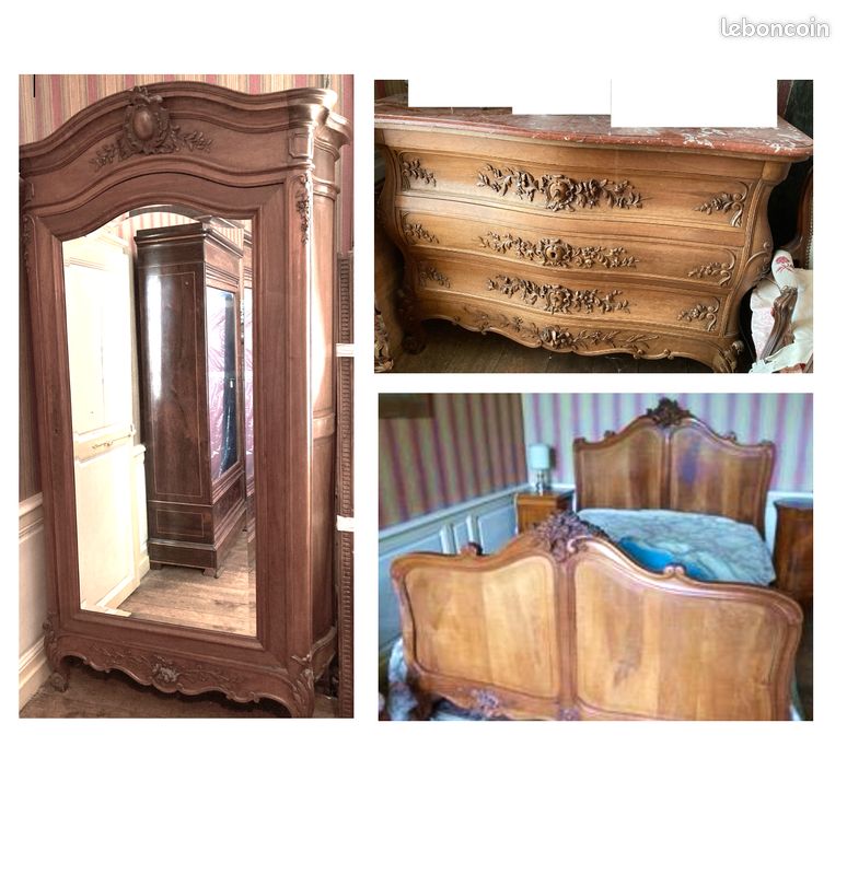 Vends chambre style Louis XV - époque 1900 - Lit + armoire + commode (image 1)