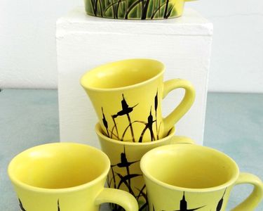 Service à Thé Vintage Céramique Jaune – Décor Roseaux – 5 Pièces