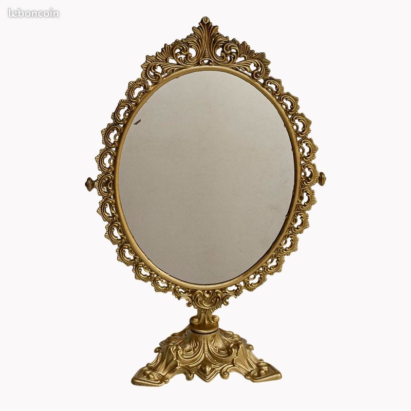 Psyché miroir doré ovale pivotant à poser sur pied H 50 cm rocaille arabesque (image 1)