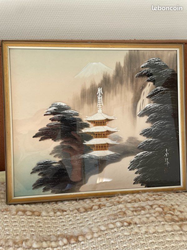 Peinture japonaise sur soie - Paysages traditionnels - Encadrée (image 2)