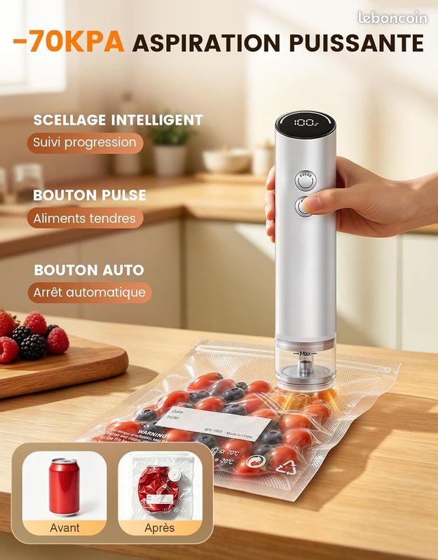Machine sous Vide Alimentaire Portable avec 20 Sacs Réutilisables 70kPa Puissant Appareil Mise Sous Vide avec Réservoir Visible, Auto&Pulse, Alliage d'Aluminium, Écran LED, pour Secs&Humides (image 3)