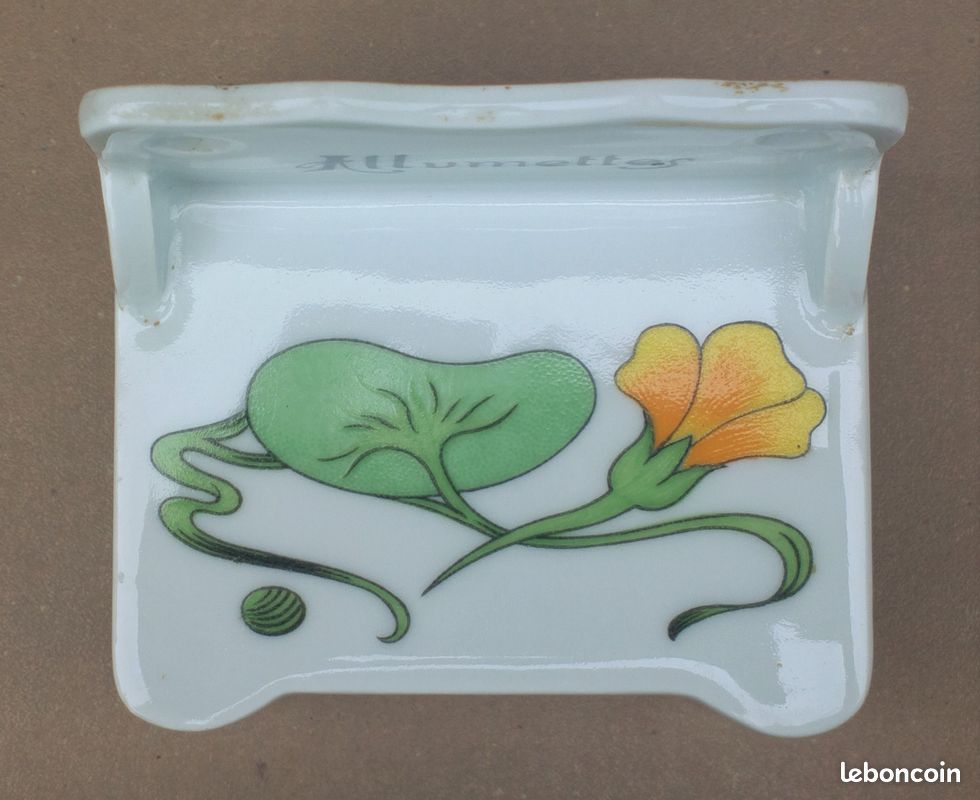 Ancienne BOITE A ALLUMETTES en PORCELAINE DU VAL DU CHER décor de fleurs jaune (image 7)