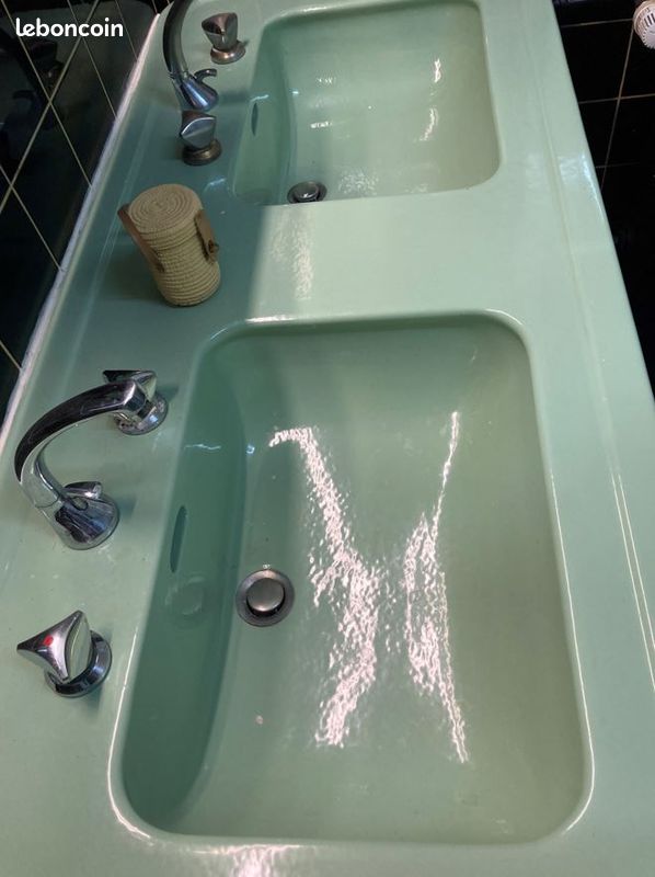 Lavabo double vasque Art déco céramique blanc - Ameublement
