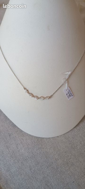 Collier Chaîne Pendentif En Argent Massif Avec Strass - Occasion - Bijou Vintage Brillant