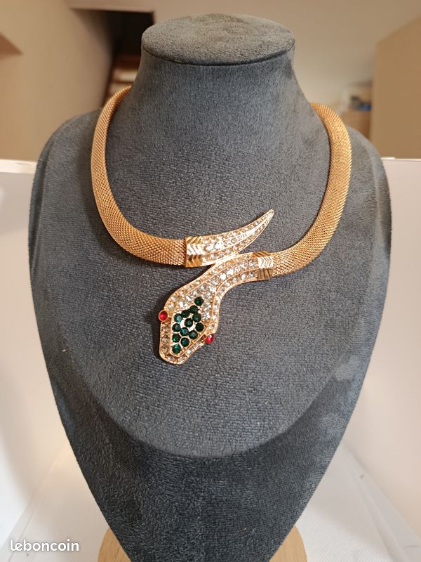 Collier Ras-du-cou Maille Serpent Avec Pendentif Boule Strass - Style Art Déco, Métal Argenté