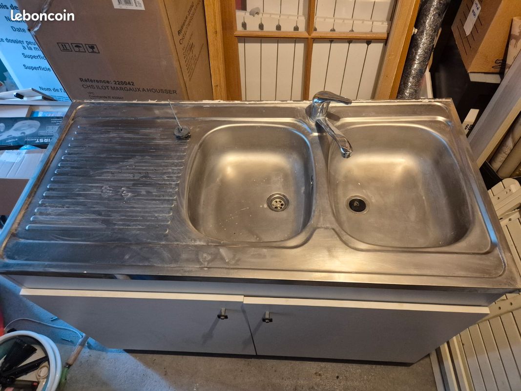 Meuble évier inox double bac avec égouttoir – 120 cm – buanderie / garage (image 1)