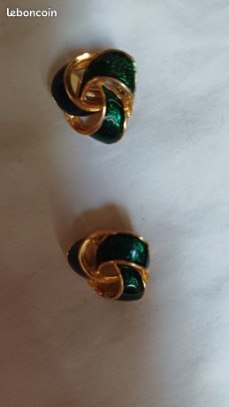 Boucles D'oreilles Clips Vintage 1980 ORENA Paris – Doré Et émail Vert